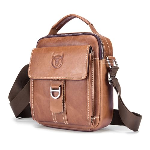 VINBAGGE Echtes Leder Klein Umhängetasche Herren Tasche Reisen Mini Schultertasche Handytasche Männer Mini Messenger Bag - Braun von VINBAGGE