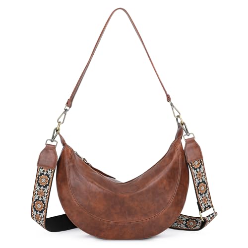 VINBAGGE Crossbody Bag Damen Umhängetasche Schultertasche Bauchtasche Moon Bag Halbmond Handtasche Frauen Tasche mit Verstellbarer Schultergurt(Braun) von VINBAGGE