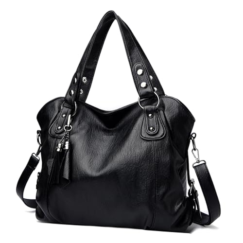 VINBAGGE Damen Handtasche Groß Shopper PU Leder Umhängetasche Henkeltasche Tasche Vintage Schultertasche Frauen Arbeit Schule Einkauf - Schwarz von VINBAGGE