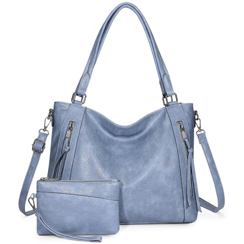 VINBAGGE Damen Handtasche Leder Henkeltasche Top Griff Tasche Vintage Weiches Umhängetasche Schultertasche Mit Geldbörse Hobo Bag Damen Taschen für Frauen - Set 2pcs Hellblau von VINBAGGE