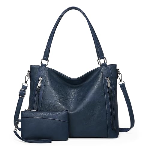 VINBAGGE Damen Handtasche Leder Henkeltasche Top Griff Tasche Vintage Weiches Umhängetasche Schultertasche Mit Geldbörse Hobo Damen Taschen für Frauen - Set 2pcs Dunkelblau von VINBAGGE