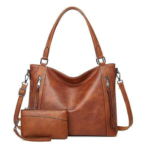 VINBAGGE Damen Handtasche Leder Henkeltasche Top Griff Tasche Vintage Weiches Umhängetasche Schultertasche Mit Geldbörse Hobo Damen Taschen für Frauen - Set 2pcs Braun von VINBAGGE