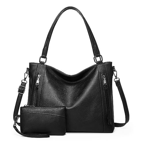 VINBAGGE Damen Handtasche Leder Henkeltasche Top Griff Tasche Vintage Weiches Umhängetasche Schultertasche Mit Geldbörse Hobo Damen Taschen für Frauen - Set 2pcs Schwarz von VINBAGGE