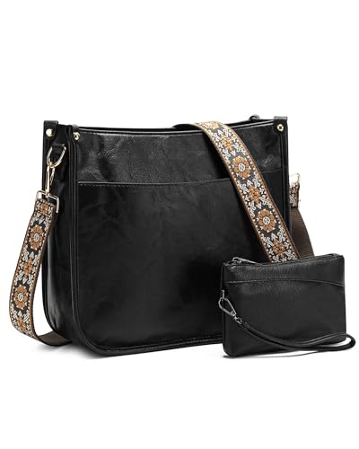 VINBAGGE Damen Handtasche Leder Henkeltasche Umhängetasche Schultertasche Shopper Tasche Mit Geldbörse Abnehmbar Breiter Gurt für Frauen - Set 2pcs Schwarz von VINBAGGE