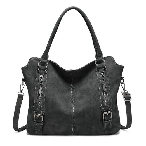VINBAGGE Damen Handtasche Scrub PU Henkeltasche Top Griff Tasche Vintage Weiches Umhängetasche Schultertasche für Frauen - Schwarz von VINBAGGE