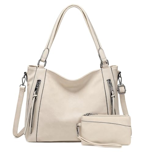 VINBAGGE Damen Handtasche Shopper Tasche Elegant Vintage Schultertasche Umhängetasche Henkeltasche Mit Geldbörse Hobo Frauen für Büro Schule Reise - Set 2pcs Beige von VINBAGGE