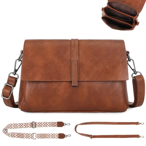 VINBAGGE Damen Handy Umhängetasche Leder Crossbody Bag mit Breitem Gurt Schultertasche Damen Handtasche Klein Tasche Verstellbarer Riemen Braun Reisen Arbeitstasche von VINBAGGE