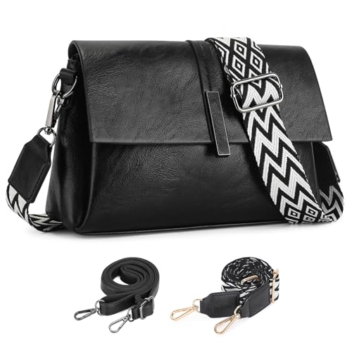 VINBAGGE Damen Handy Umhängetasche Leder Crossbody Bag mit Breitem Gurt Schultertasche Damen Handtasche Klein Tasche Verstellbarer Riemen Schwarz Reisen Arbeitstasche von VINBAGGE