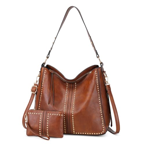 VINBAGGE Handtasche Damen Shopper PU Leder Tasche Vintage Schultertasche Umhängetasche Geldbörse Hobo Henkeltasche Frauen für Büro Schule Einkauf Reise - Set 2pcs Braun von VINBAGGE