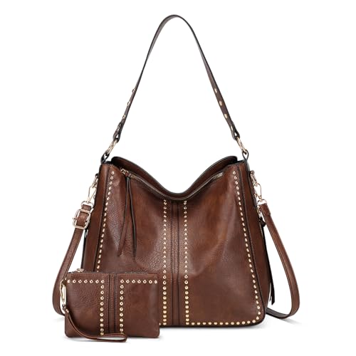 VINBAGGE Handtasche Damen Shopper PU Leder Tasche Vintage Schultertasche Umhängetasche Geldbörse Hobo Henkeltasche Frauen für Büro Schule Einkauf Reise - Set 2pcs Kaffeefarbe von VINBAGGE