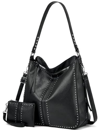 VINBAGGE Handtasche Damen Shopper PU Leder Tasche Vintage Schultertasche Umhängetasche Geldbörse Hobo Henkeltasche Frauen für Büro Schule Einkauf Reise - Set 2pcs Schwarz von VINBAGGE