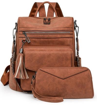 VINBAGGE Rucksack Damen Klein Cityrucksack Leder Rucksack Freizeitrucksack Reise Arbeit Schule Handtasche Rucksackhandtasche Laptop Tagesrucksack mit Handgelenktasche Geldbörse 2 Pieces - Caramel von VINBAGGE