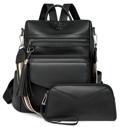 VINBAGGE Rucksack Damen Klein Cityrucksack Leder Rucksack Freizeitrucksack Reise Arbeit Schule Handtasche Rucksackhandtasche Laptop Tagesrucksack mit Handgelenktasche Geldbörse 2 Pieces - Schwarz von VINBAGGE