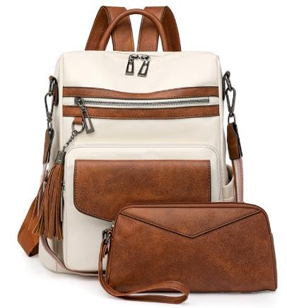 VINBAGGE Rucksack Damen Klein Cityrucksack Leder Rucksack Freizeitrucksack Reise Arbeit Schule Handtasche Rucksackhandtasche Laptop Tagesrucksack mit Handgelenktasche Geldbörse 2 Pieces - Weißbraun von VINBAGGE