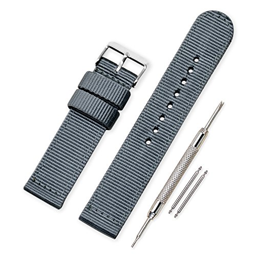 VINBAND Unisex Militär Nylon Uhrenarmband mit Edelstahl Silberne Schnalle 18mm Grau von VINBAND