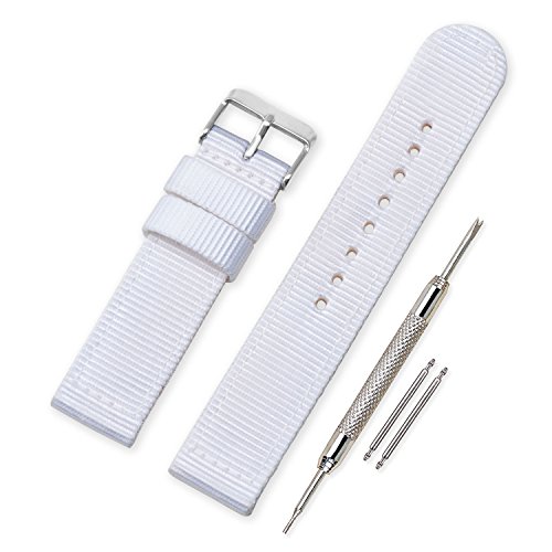 VINBAND Unisex Militär Nylon Uhrenarmband mit Edelstahl Silberne Schnalle 18mm Weiß von VINBAND