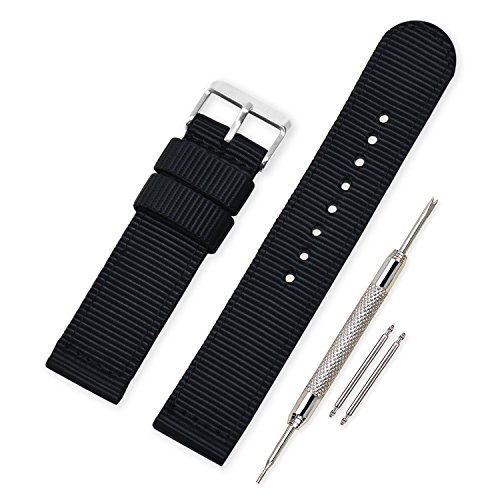 VINBAND Unisex Militär Nylon Uhrenarmband mit Edelstahl Silberne Schnalle 20mm Schwarz von VINBAND