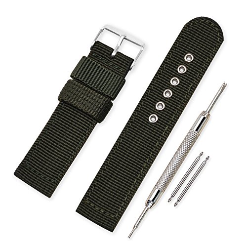 VINBAND Unisex Militär Nylon Uhrenarmband mit Edelstahl Silberne Schnalle 24mm Armeegrün von VINBAND