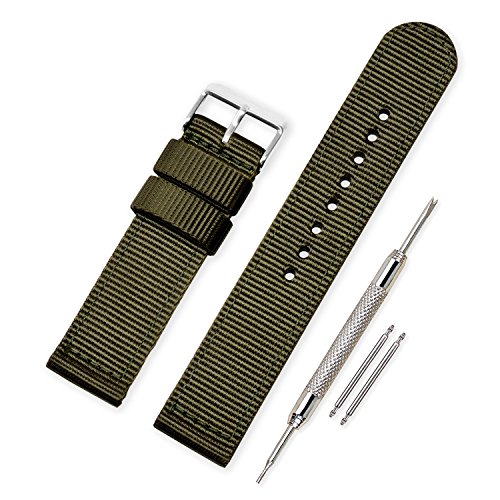 VINBAND Unisex Militär Nylon Uhrenarmband mit Edelstahl Silberne Schnalle 24mm Armeegrün von VINBAND