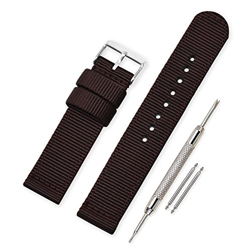 VINBAND Unisex Militär Nylon Uhrenarmband mit Edelstahl Silberne Schnalle 24mm Dunkelbraun von VINBAND