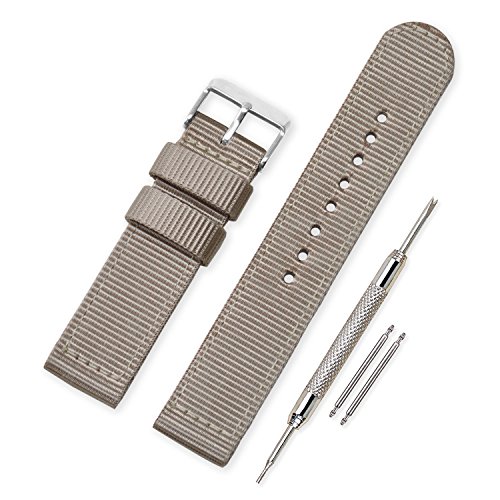 VINBAND Unisex Militär Nylon Uhrenarmband mit Edelstahl Silberne Schnalle 24mm Hellbraun von VINBAND