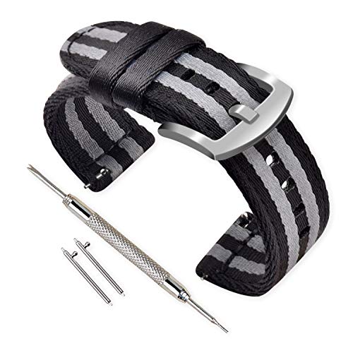 VINBAND Unisex Nylon Uhrenarmband mit Edelstahl Silberne Schnalle (20mm, Schwarz Grau Schwarz) von VINBAND