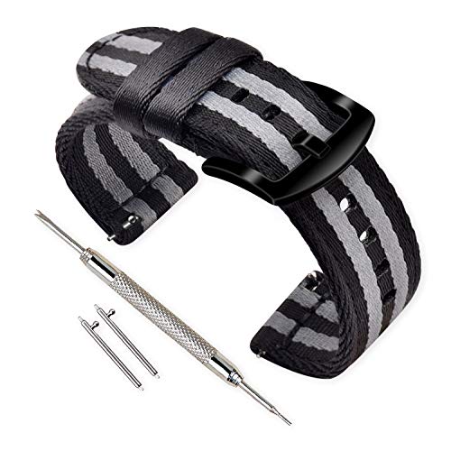 VINBAND Unisex Nylon Uhrenarmband mit Edelstahl Silberne Schnalle (20mm, Schwarz Grau Schwarz) von VINBAND