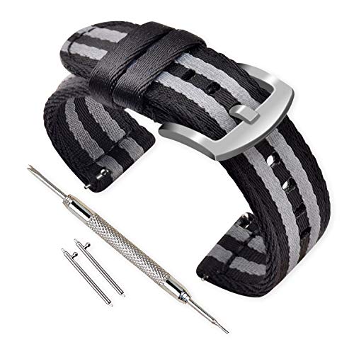 VINBAND Unisex Nylon Uhrenarmband mit Edelstahl Silberne Schnalle (22mm, Schwarz Grau Schwarz) von VINBAND