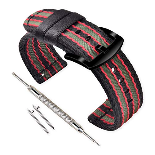 VINBAND Unisex Nylon Uhrenarmband mit Edelstahl Silberne Schnalle (22mm, Schwarz Rot Grün) von VINBAND