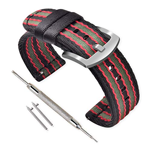 VINBAND Unisex Nylon Uhrenarmband mit Edelstahl Silberne Schnalle (24mm, Schwarz Rot Grün) von VINBAND