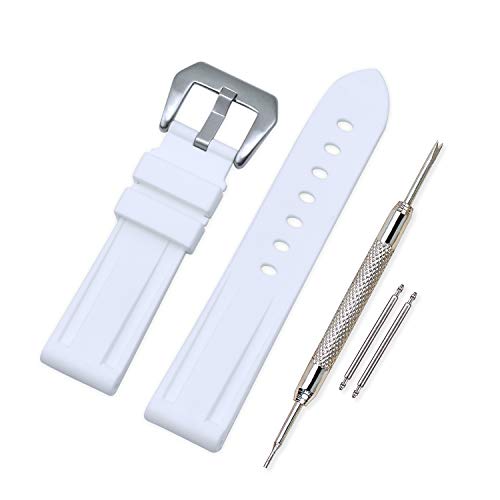 VINBAND Unisex Wasserfest Gummi Uhrenarmband Gebürstete Edelstahl Silber Schnalle kompatibel mit Panerai 24mm Weiß von VINBAND