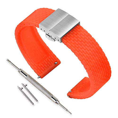 VINBAND Unisex Wasserfest Gummi Uhrenarmband mit Edelstahl Silber Faltschließe 18mm Orange von VINBAND