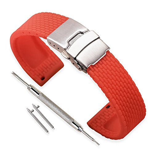 VINBAND Unisex Wasserfest Gummi Uhrenarmband mit Edelstahl Silber Faltschließe 20mm Rot von VINBAND