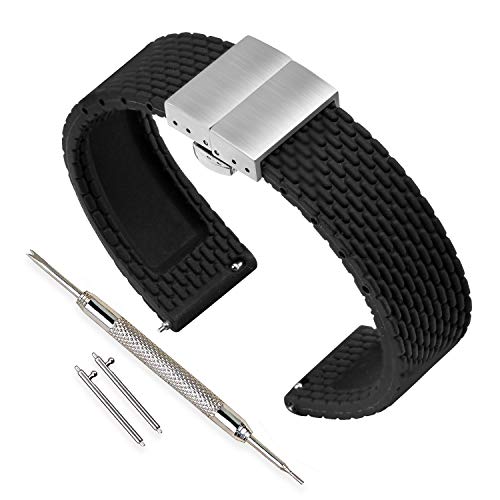 VINBAND Unisex Wasserfest Gummi Uhrenarmband mit Edelstahl Silber Faltschließe 20mm Schwarz von VINBAND