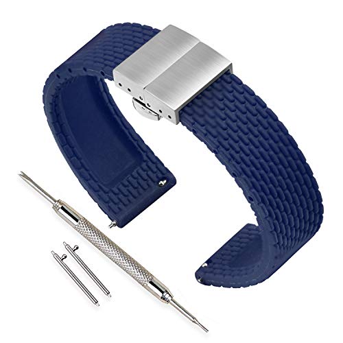 VINBAND Unisex Wasserfest Gummi Uhrenarmband mit Edelstahl Silber Faltschließe 22mm Blau von VINBAND