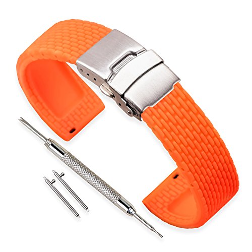 VINBAND Unisex Wasserfest Gummi Uhrenarmband mit Edelstahl Silber Faltschließe 22mm Orange von VINBAND