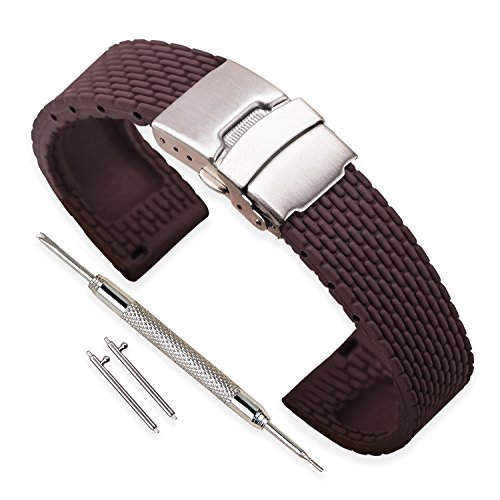 VINBAND Unisex Wasserfest Gummi Uhrenarmband mit Edelstahl Silber Faltschließe 24mm Braun von VINBAND