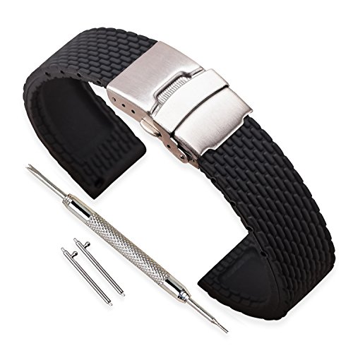 VINBAND Unisex Wasserfest Gummi Uhrenarmband mit Edelstahl Silber Faltschließe 24mm Schwarz von VINBAND