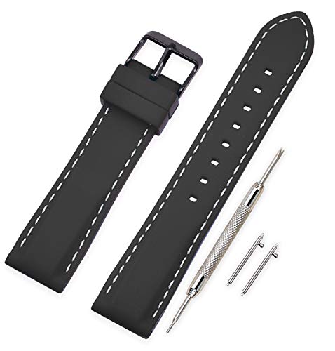 VINBAND Unisex Wasserfest Gummi Uhrenarmband mit Gebürstete Edelstahl Schwarz Schnalle 20mm Schwarz Weiß von VINBAND