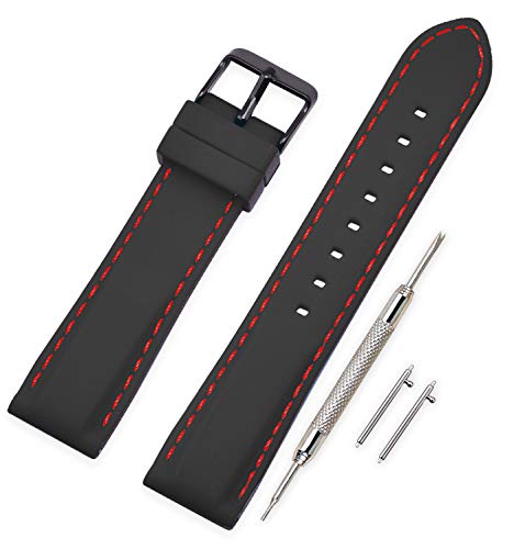 VINBAND Unisex Wasserfest Gummi Uhrenarmband mit Gebürstete Edelstahl Schwarz Schnalle 22mm Schwarz Rot von VINBAND