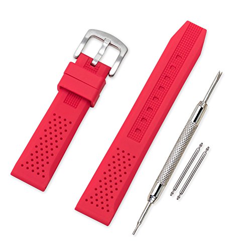 VINBAND Unisex Wasserfest Gummi Uhrenarmband mit Gebürstete Edelstahl Silber Schnalle 18mm Rot von VINBAND