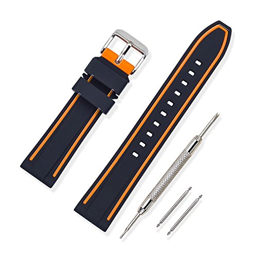 VINBAND Unisex Wasserfest Gummi Uhrenarmband mit Gebürstete Edelstahl Silber Schnalle 24mm Orange VINBAND Unisex Wasserfest Gummi Uhrenarmband mit Gebürstete Edelstahl Silber Schnalle 24mm Orange von VINBAND