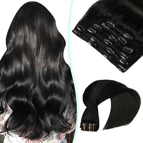 VINBAO Clip in Extensions Echthaar Remy #1 Tief Schwarz Haarverlängerung 14 Zoll 100g 6 Stück Weich für Frauen Doppelter Schuss (#1,35cm) von VINBAO