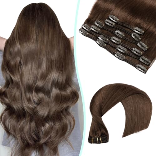 VINBAO Clip in Extensions Echthaar Remy Braun Gerade Echthaarverlängerung Unsichtbar für Frauen 18 Zoll 120g 6 Stück Dickes Haar (#4,45cm) von VINBAO