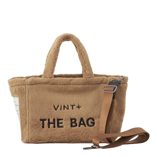 VINT+ Fluffy Bag Damen Handtasche – Teddy Shopper Tasche mit Reißverschluss und wählbarem Tragegurt – Flauschige Felltasche ideal für Arbeit, Uni oder Reise | Innenfutter Wasserabweisend | Braun von VINT