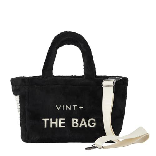 VINT+ Fluffy Bag Damen Handtasche – Teddy Shopper Tasche mit Reißverschluss und wählbarem Tragegurt – Flauschige Felltasche ideal für Arbeit, Uni oder Reise | Innenfutter Wasserabweisend | Schwarz von VINT