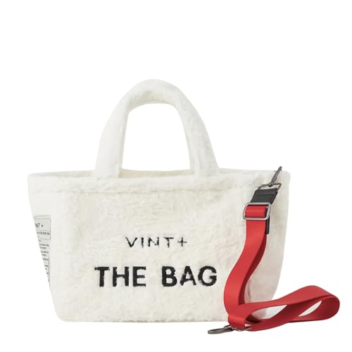 VINT+ Fluffy Bag Damen Handtasche – Teddy Shopper Tasche mit Reißverschluss und wählbarem Tragegurt – Flauschige Felltasche ideal für Arbeit, Uni oder Reise | Innenfutter Wasserabweisend | Weiß von VINT