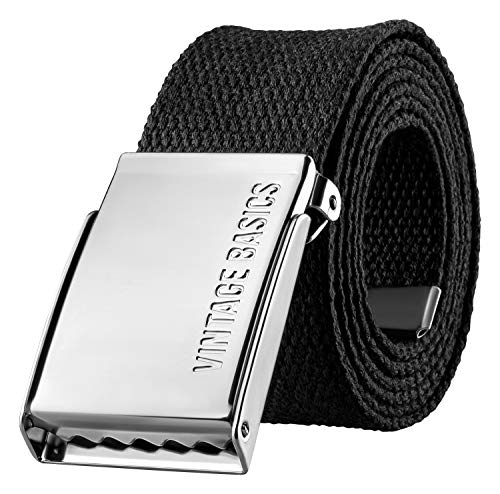 VINTAGE BASICS Unisex Stoffgürtel 130cm lang - 3,8cm breit - Herren und Damen Gürtel - Stufenlos verstellbarer Canvas Belt - Metallschnalle Schwarz von VINTAGE BASICS