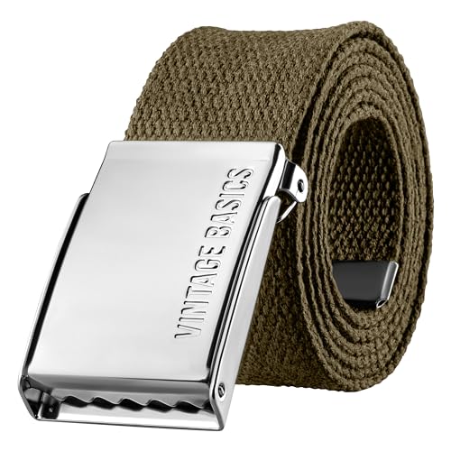 VINTAGE BASICS Unisex Stoffgürtel 130cm lang - 3,8cm breit - Herren und Damen Gürtel - Stufenlos verstellbarer Canvas Belt - Metallschnalle Grün/Military Olive von VINTAGE BASICS