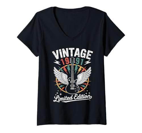 Damen Jahrgang 1991 Geboren 1991 Dress 1991 Geburtstag Gitarre T-Shirt mit V-Ausschnitt Damen Jahrgang 1991 Geboren 1991 Dress 1991 Geburtstag Gitarre T-Shirt mit V-Ausschnitt von VINTAGE BORN IN 1991 BIRTHDAY GIFT